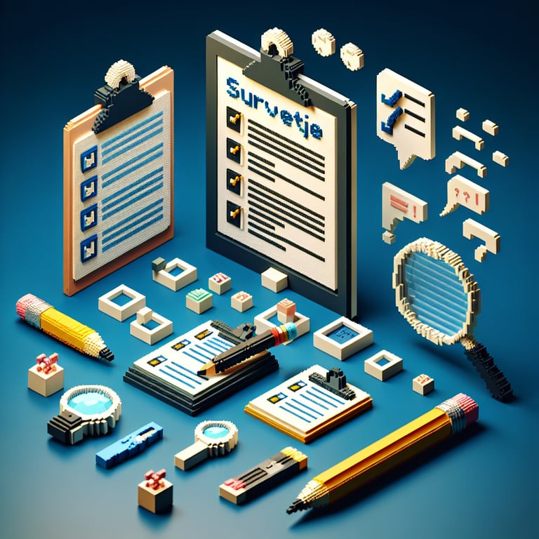 3D voxel art depicting online student surveys, featuring engaging elements on a dark blue background.
