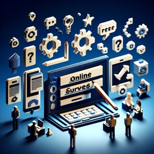3D voxel art depicting the concept of online surveys, set against a dark blue background.