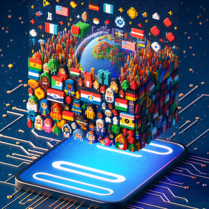 3D voxel art showing various nationalities, symbolizing an online nationality survey.