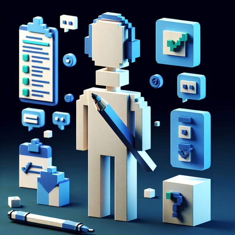 3D voxel art depicting the concept of online fan surveys on a dark blue background.