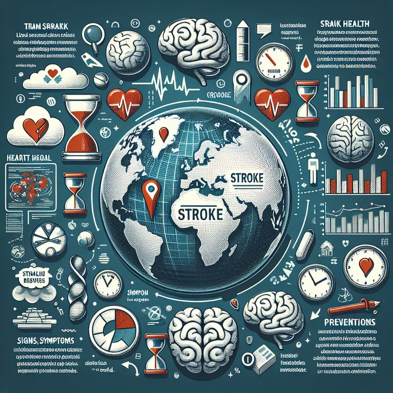 Infographic of stroke survey questions highlighting stroke awareness and prevention topics.