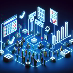 3D voxel art depicting online surveys, symbolizing attitude examples survey questions on a dark blue background.