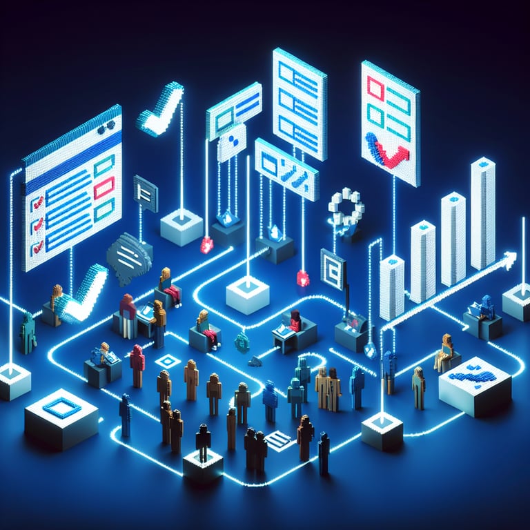 3D voxel art depicting online surveys, symbolizing attitude examples survey questions on a dark blue background.