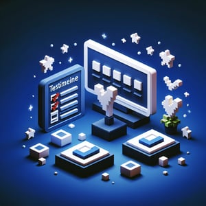3D voxel art depicting online surveys, with a dark blue background, suitable for testimonial surveys landing page.