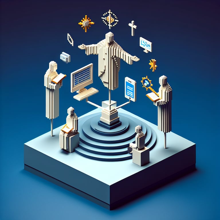 Artistic 3D voxel art depicting a biblical worldview survey interface on a dark blue background.