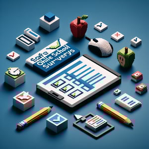 3D voxel art depicting online safe school survey concept on a dark blue background.