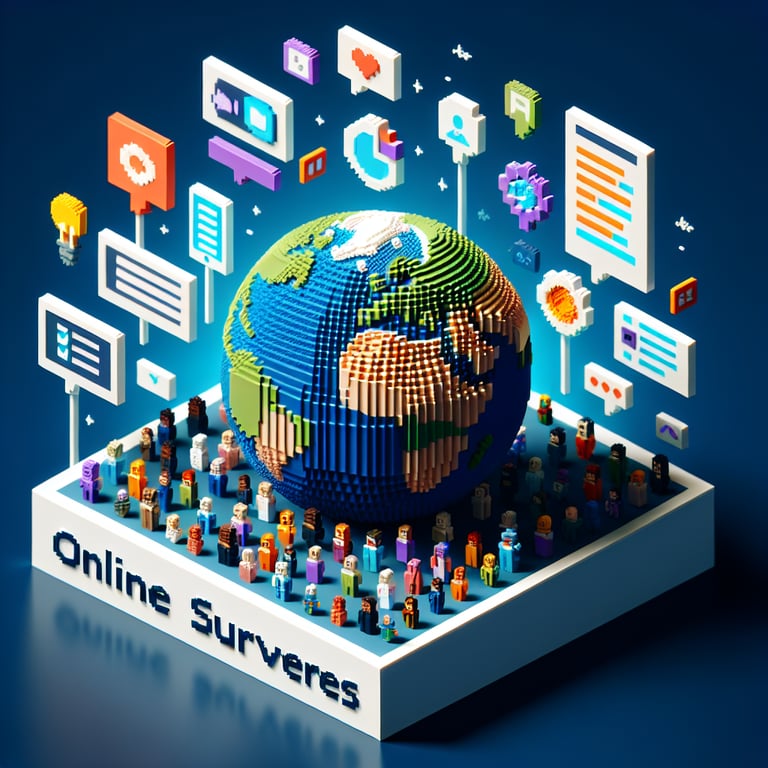 3D voxel art illustrating the concept of online culture survey questions with a dark blue background.