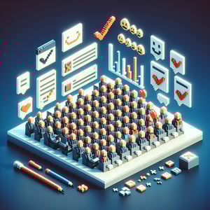 3D voxel art depicting online customer sentiment surveys against a dark blue background.