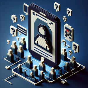 3D voxel art depicting the concept of online surveys on mobile devices with a dark blue background.