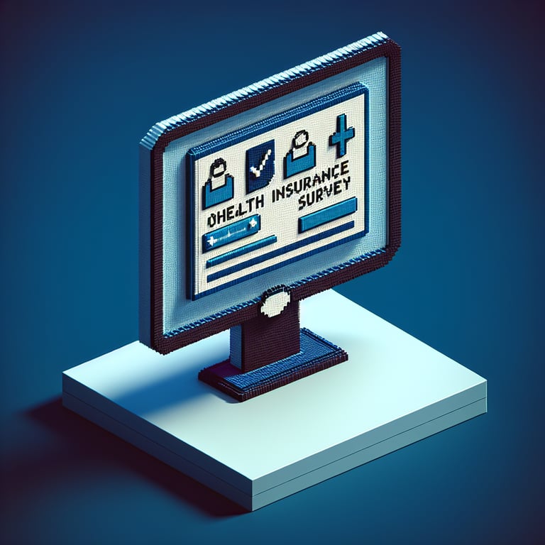 3D voxel art depicting online health insurance survey questions on a dark blue background.