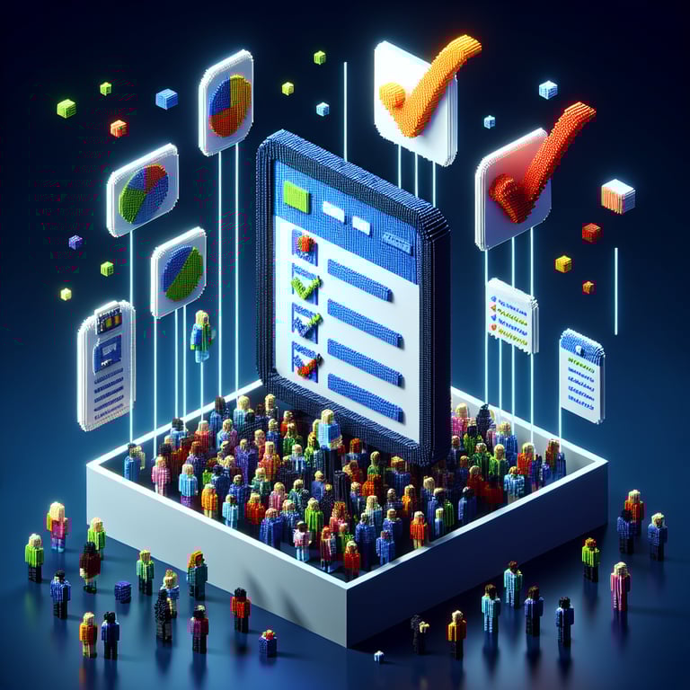 3D voxel art depicting the concept of online employee surveys on a dark blue background.