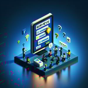 3D voxel art depicting the concept of online surveys for social media users on a dark blue background.