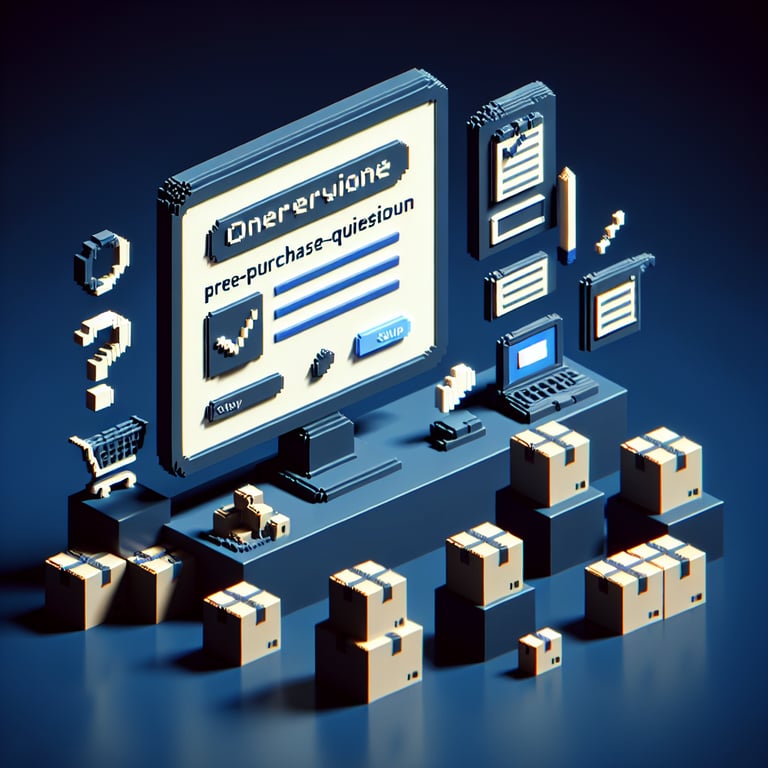 3D voxel art depicting the concept of pre-purchase online retail surveys on a dark blue background.
