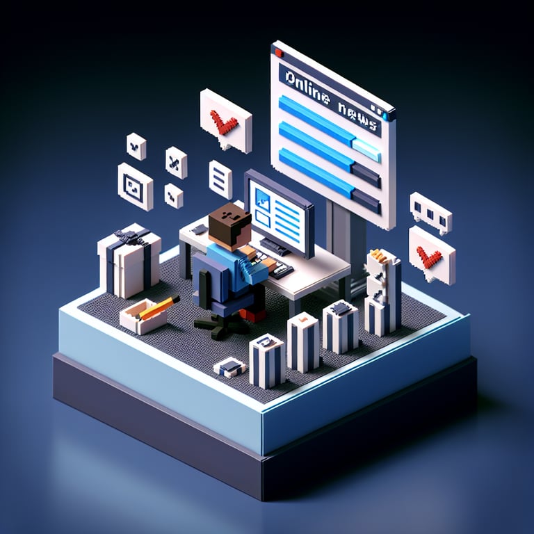 3D voxel art depicting online news survey questions on a dark blue background.