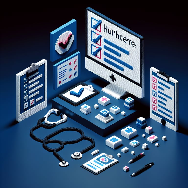 3D voxel art depicting online healthcare surveys, set against a dark blue background.