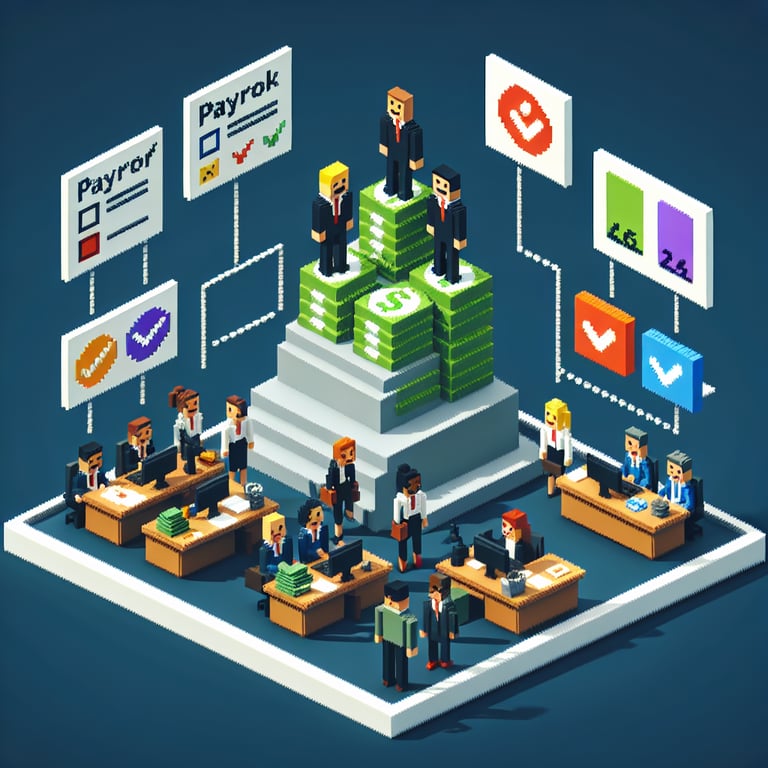 3D voxel art depicting online payroll satisfaction survey concept on a dark blue background.