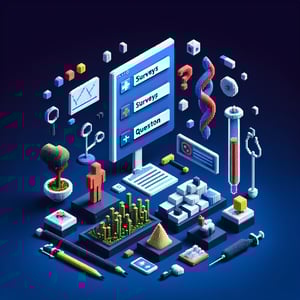 3D voxel art depicting online HIV surveys, featuring engaging elements on a dark blue background.