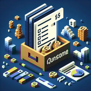 3D voxel art illustrating the concept of online surveys about income questions on a dark blue background.