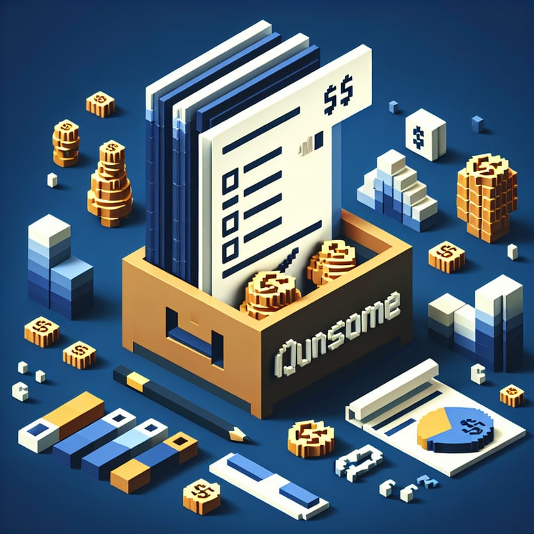 3D voxel art illustrating the concept of online surveys about income questions on a dark blue background.
