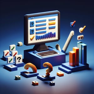 3D voxel art depicting online surveys with a dark blue background, ideal for marketing communication surveys.