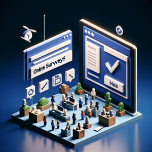3D voxel art depicting online surveys and questions on a dark blue background.