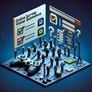 3D voxel art depicting online surveys related to video game violence on a dark blue background.