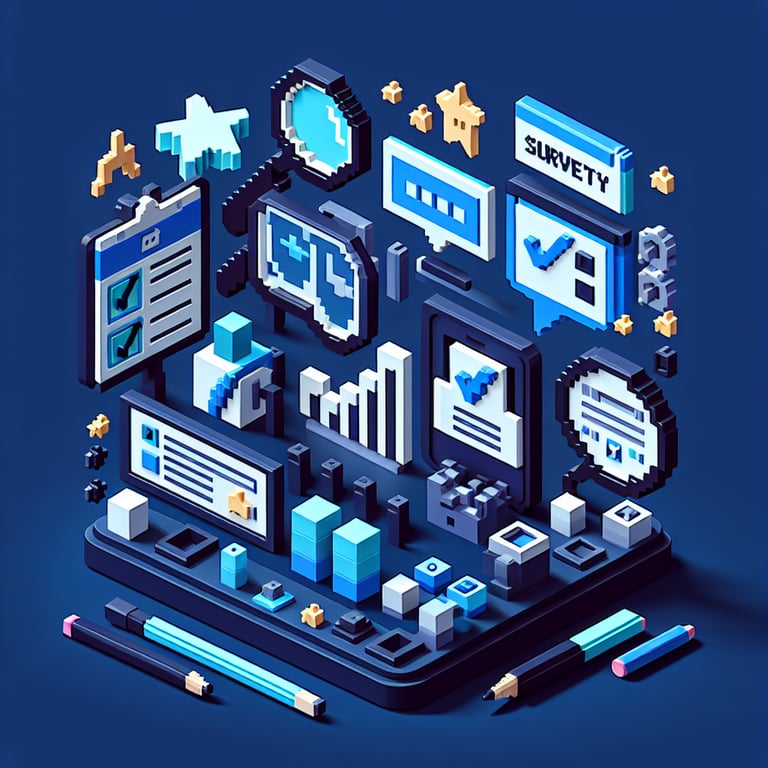 3D voxel art illustrating the concept of online safety perception surveys on a dark blue background.