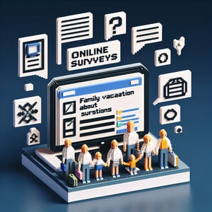 3D voxel art depicting online family vacation survey concept on a dark blue background.