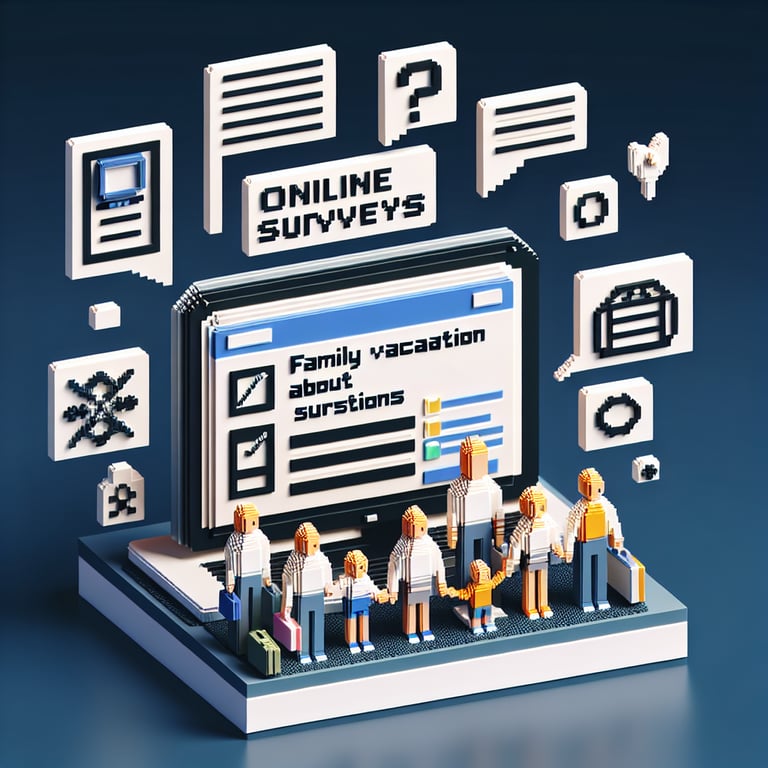 3D voxel art depicting online family vacation survey concept on a dark blue background.