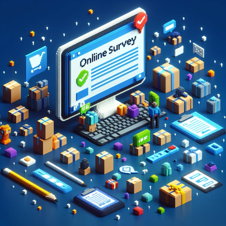 3D voxel art depicting online satisfaction survey process for mail and package delivery on a dark blue background.