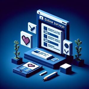 3D voxel art showcasing online dating surveys on a dark blue background.