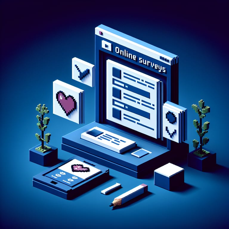 3D voxel art illustrating a compatibility survey questionnaire in a dark blue interface
