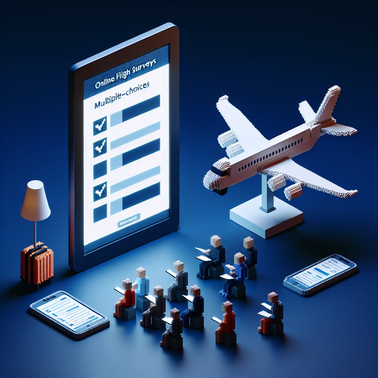 3D voxel art depicting online flight surveys on a dark blue background.