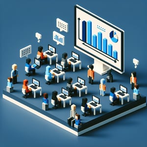 3D voxel art depicting online academic performance surveys on a dark blue background.