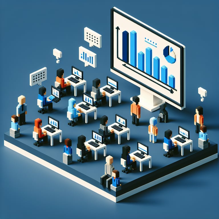 3D voxel art depicting online academic performance surveys on a dark blue background.
