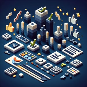 3D voxel art depicting the concept of online surveys, specifically focusing on volunteer survey questions, on a dark blue background.