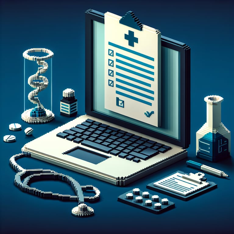 3D voxel art depicting the concept of online medical surveys on a dark blue background.