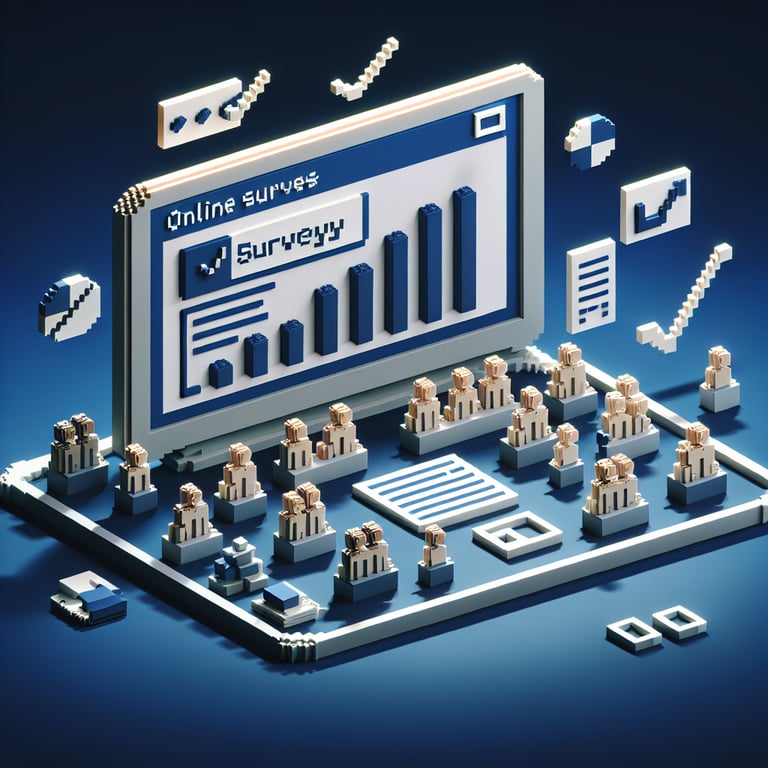 3D voxel art depicting the concept of online government surveys on a dark blue background.