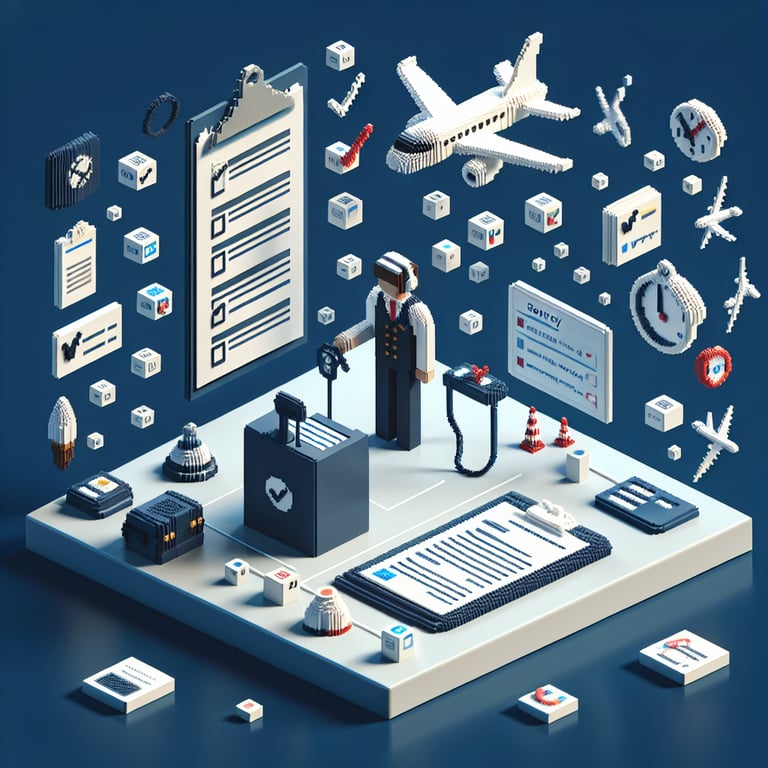 3D voxel art depicting an online survey on aviation safety culture with a dark blue background.