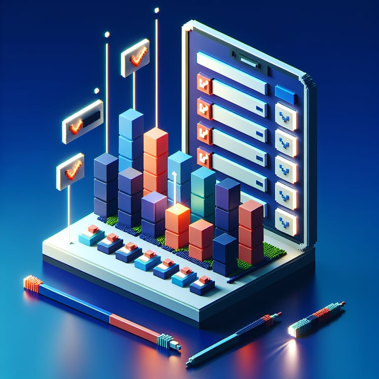 3D voxel art depicting online height surveys with a dark blue background.