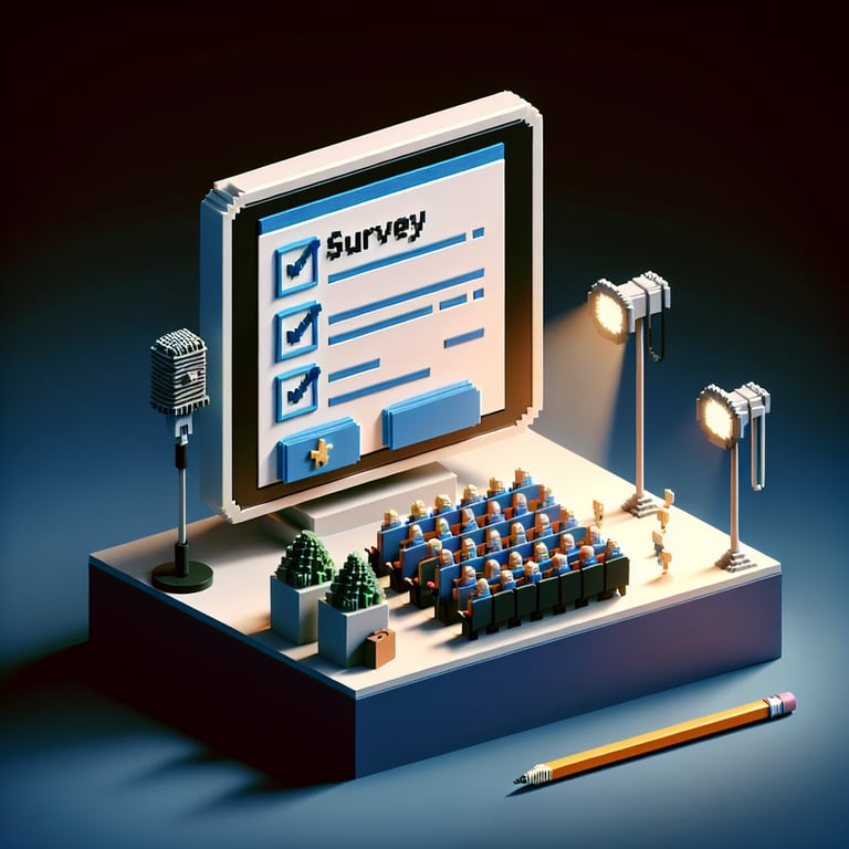 3D voxel art illustrating the concept of online event evaluation surveys on a dark blue background.