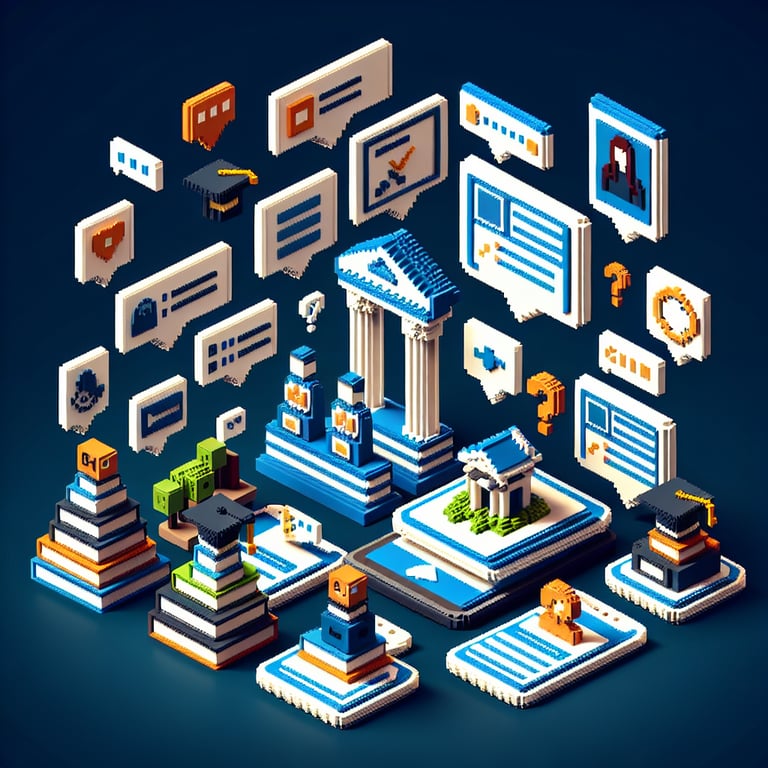 Artistic 3D voxel art depicting education background survey flow