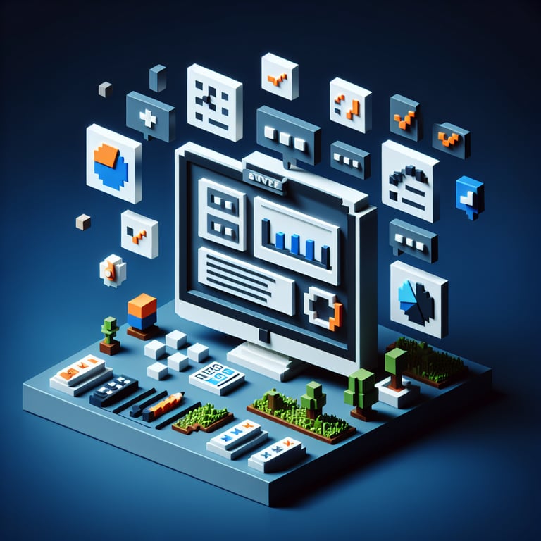 3D voxel art illustrating the concept of online fixed sum surveys on a dark blue background.