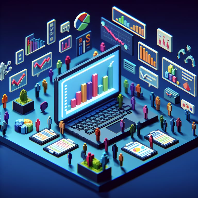 3D voxel art depicting online surveys, embodying the concept of market analysis surveys on a dark blue background.
