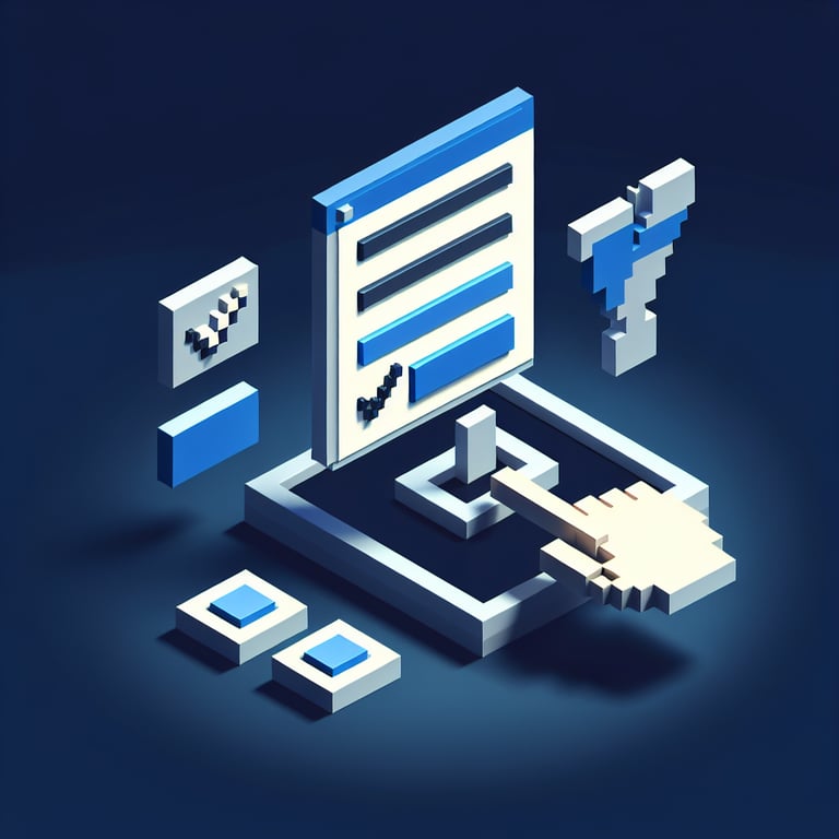 3D voxel art depicting online surveys, set against a dark blue background, representing co-op survey questions.