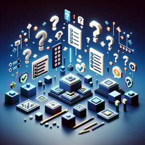 3D voxel art depicting online surveys concept on a dark blue background.