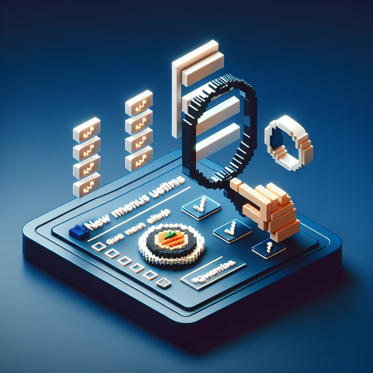 3D voxel art depicting online survey concept with a dark blue background, related to new menu items.