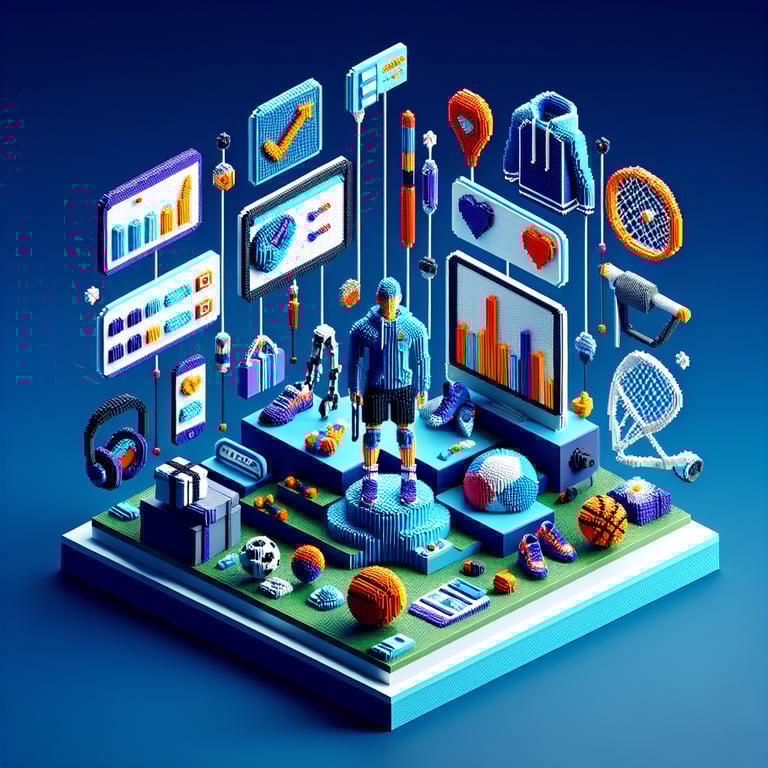 3D voxel art depicting an online sport injury survey with a dark blue background.