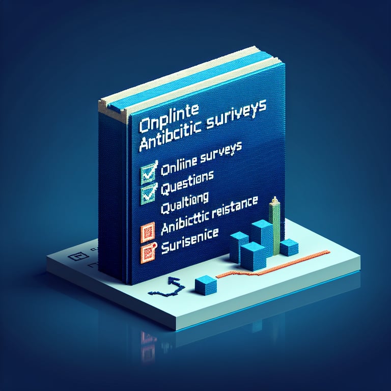 3D voxel art depicting online antibiotic resistance survey concept on a dark blue background.