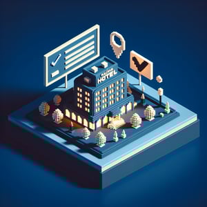 3D voxel art depicting online hotel surveys, with a dark blue background.